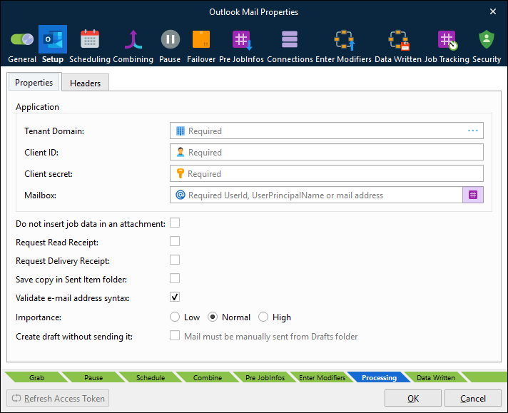 The Properties tab for an Outlook Mail output module.